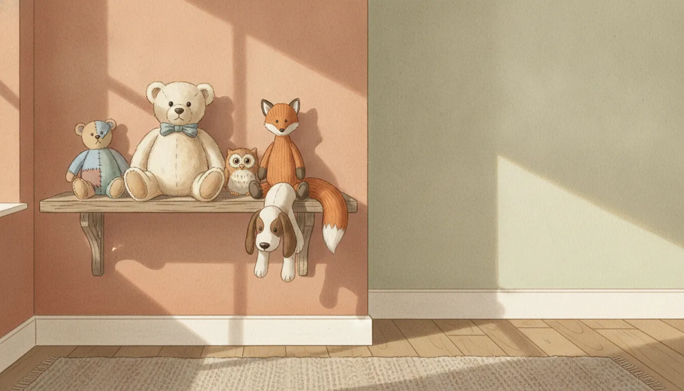 Illustration of teddy bears, a knitted fox, an owl and a floppy-eared dog on a sunlit wooden shelf