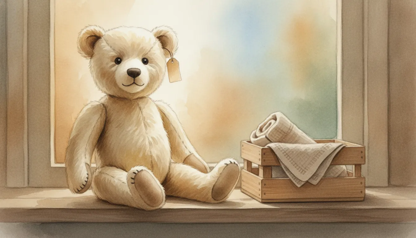 Illustration of a worn jointed toy bear sitting beside a small wooden crate and a folded cloth on a shelf